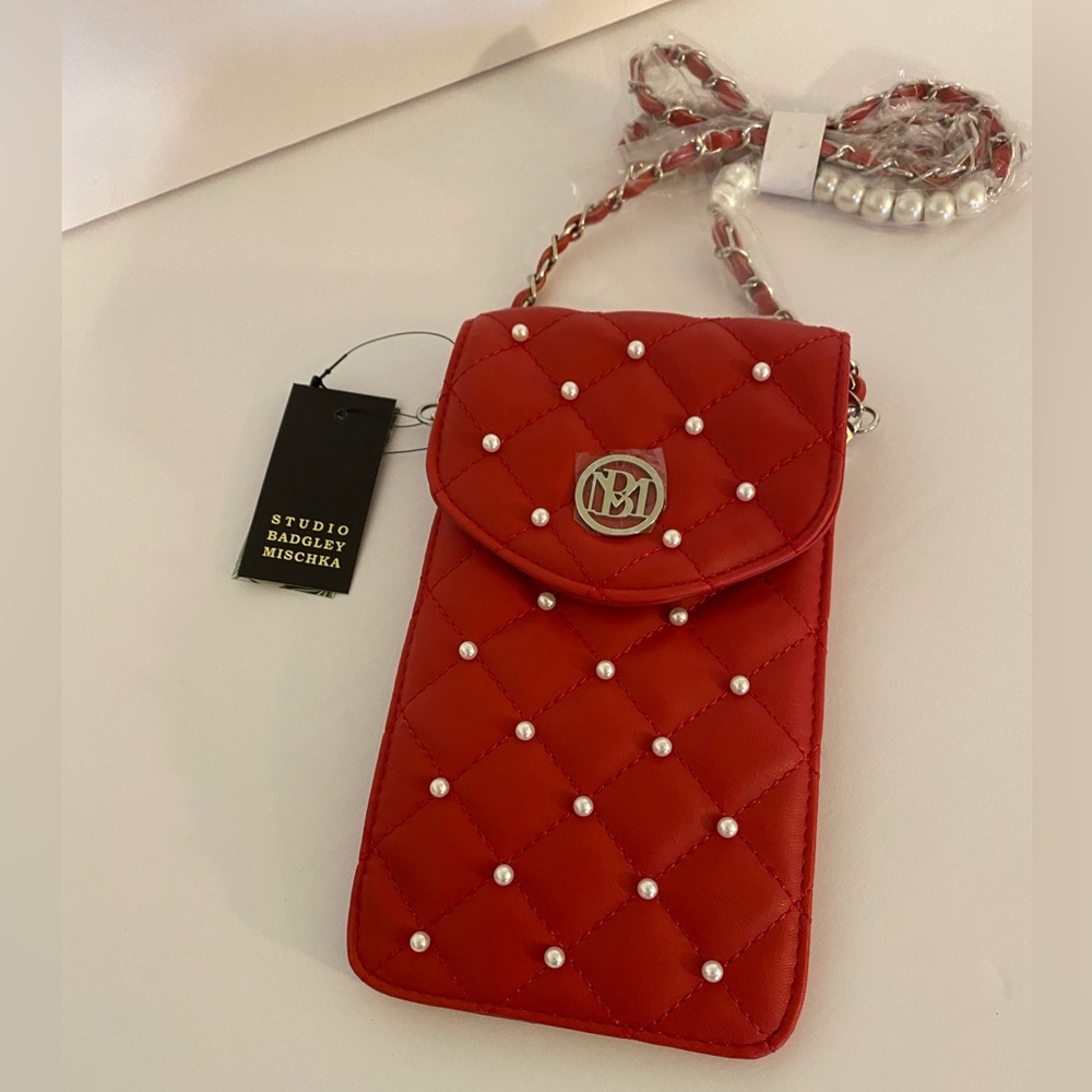 NWT Badgley Mischka‎ Red Phone Bag Crossbody Pearl Accents
